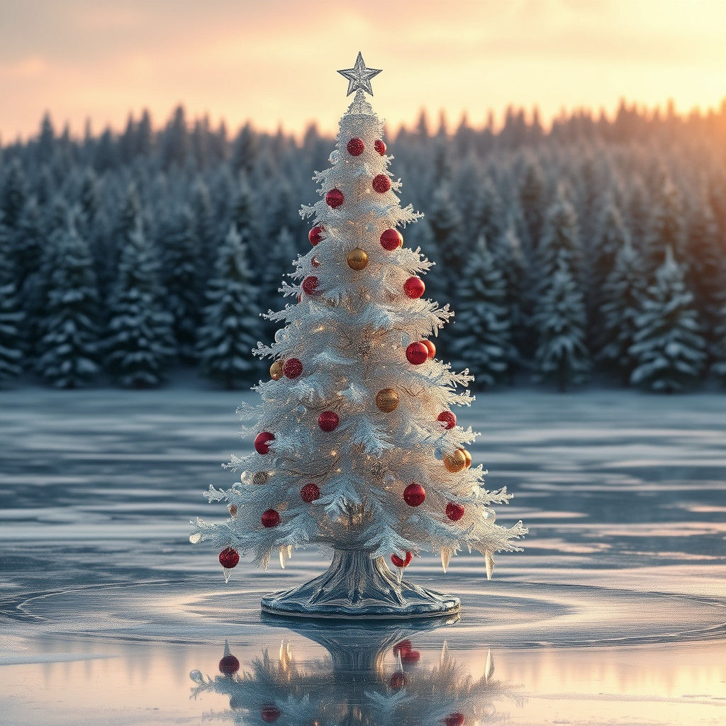 Majestic Glass Christmas Tree on Frozen Ice Lake