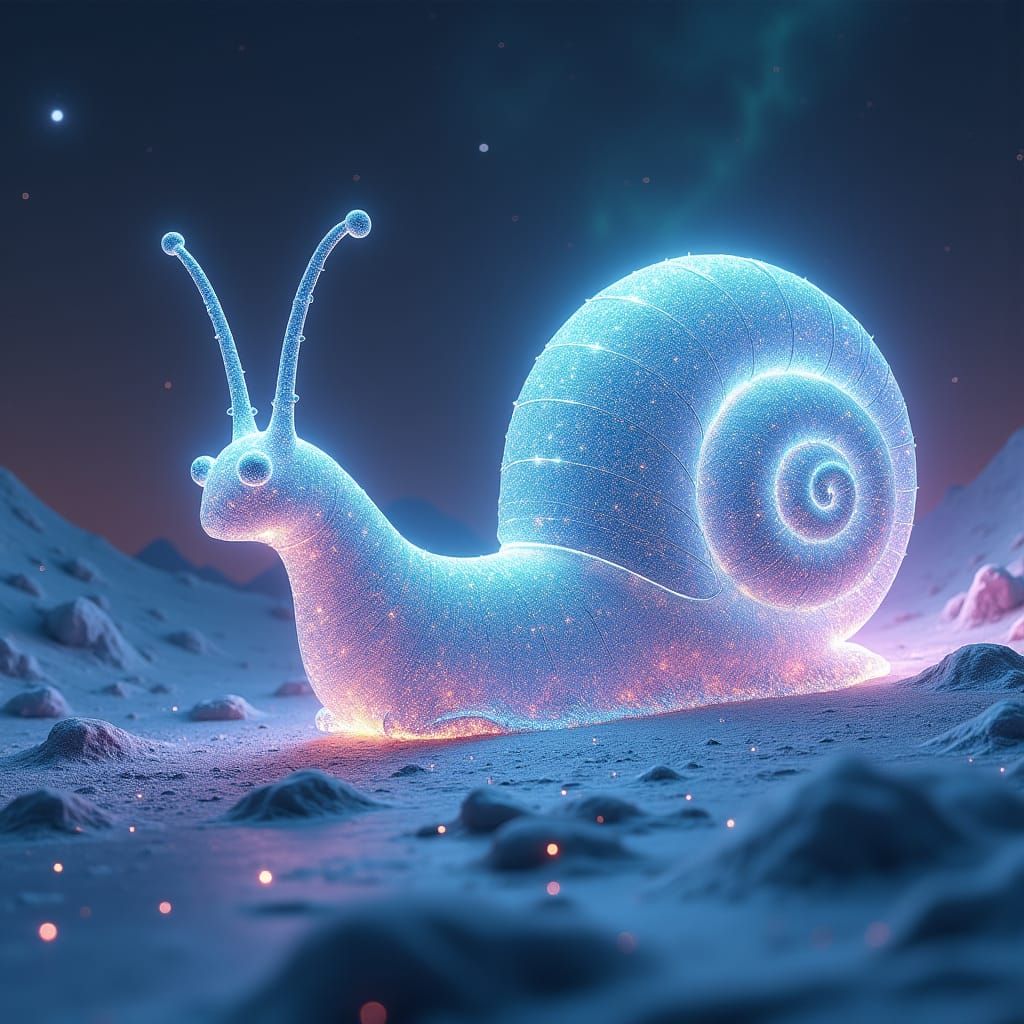 Against the background of a Milky Way with pure cold stars, an aggressive monster snail moves
a train made of shining li...