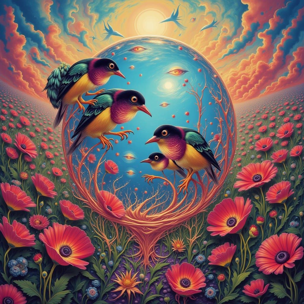 Psychedelic Puffins Bursting From Glass Globe