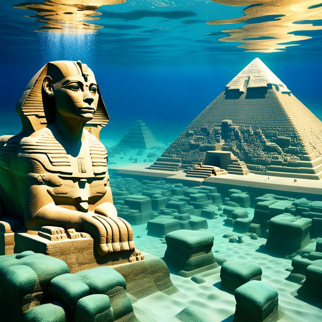 Underwater Pyramid and Sphinx: AI-Generated Scene