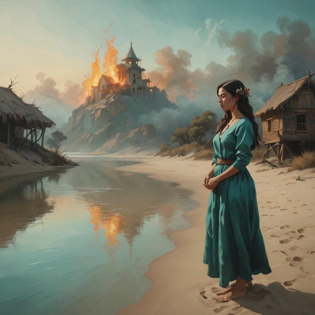 Towering Sand Structure by River in Teal Palette