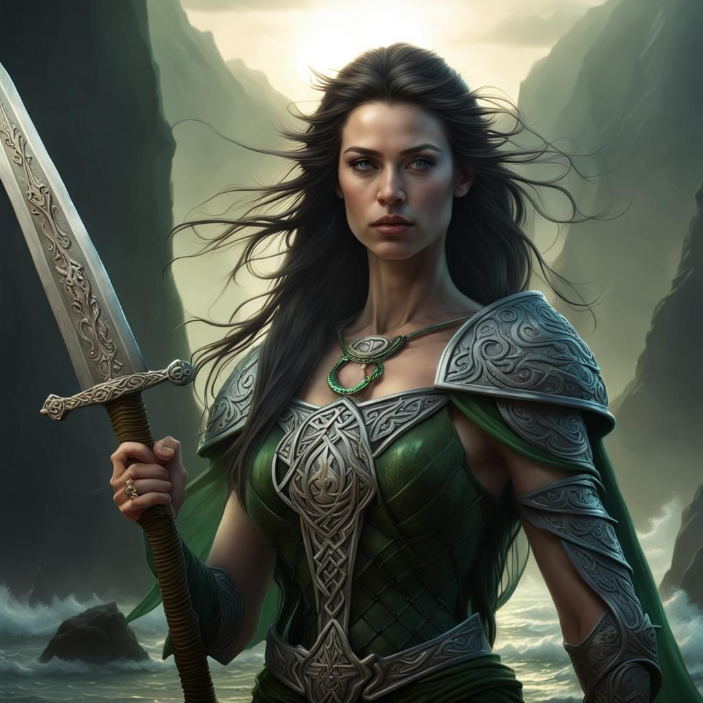 Victorious Celtic Princess with Sword on Misty Beach
