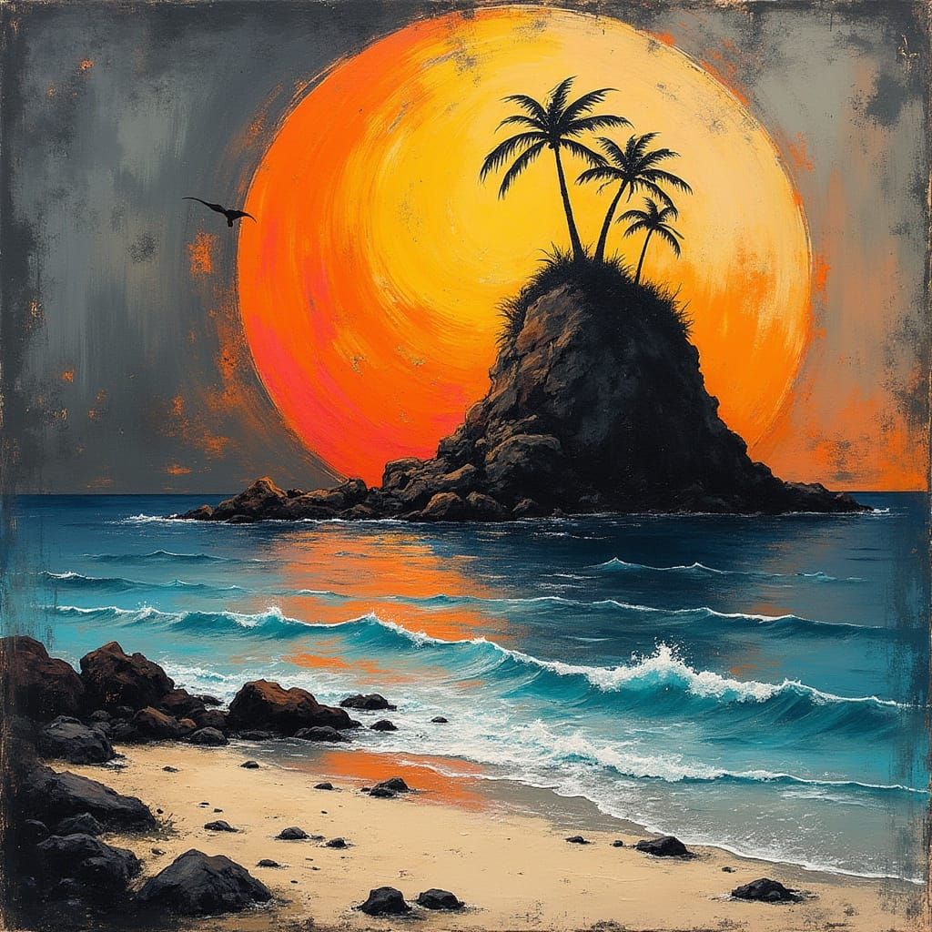 Vibrant Island Still Life in Distressed, Retro Style