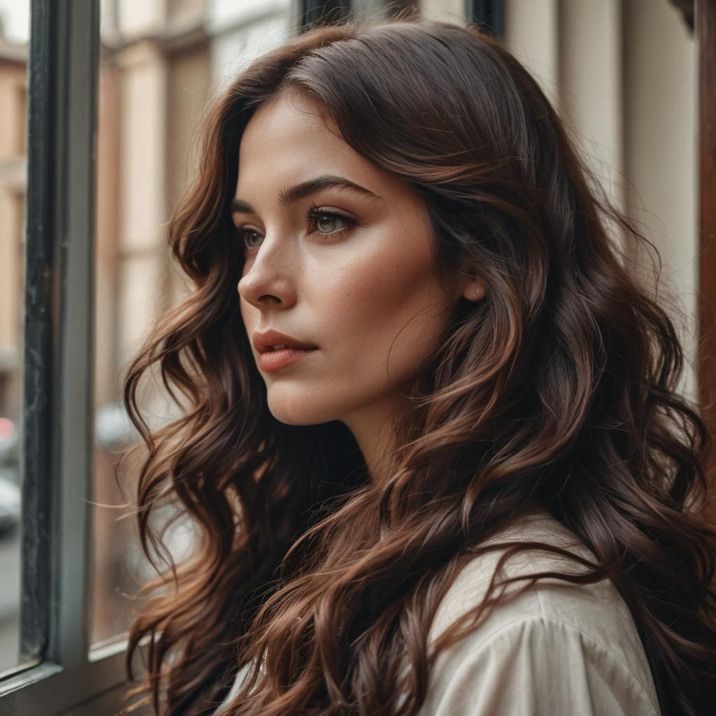 Woman with Wavy Hair Gazing Through Window