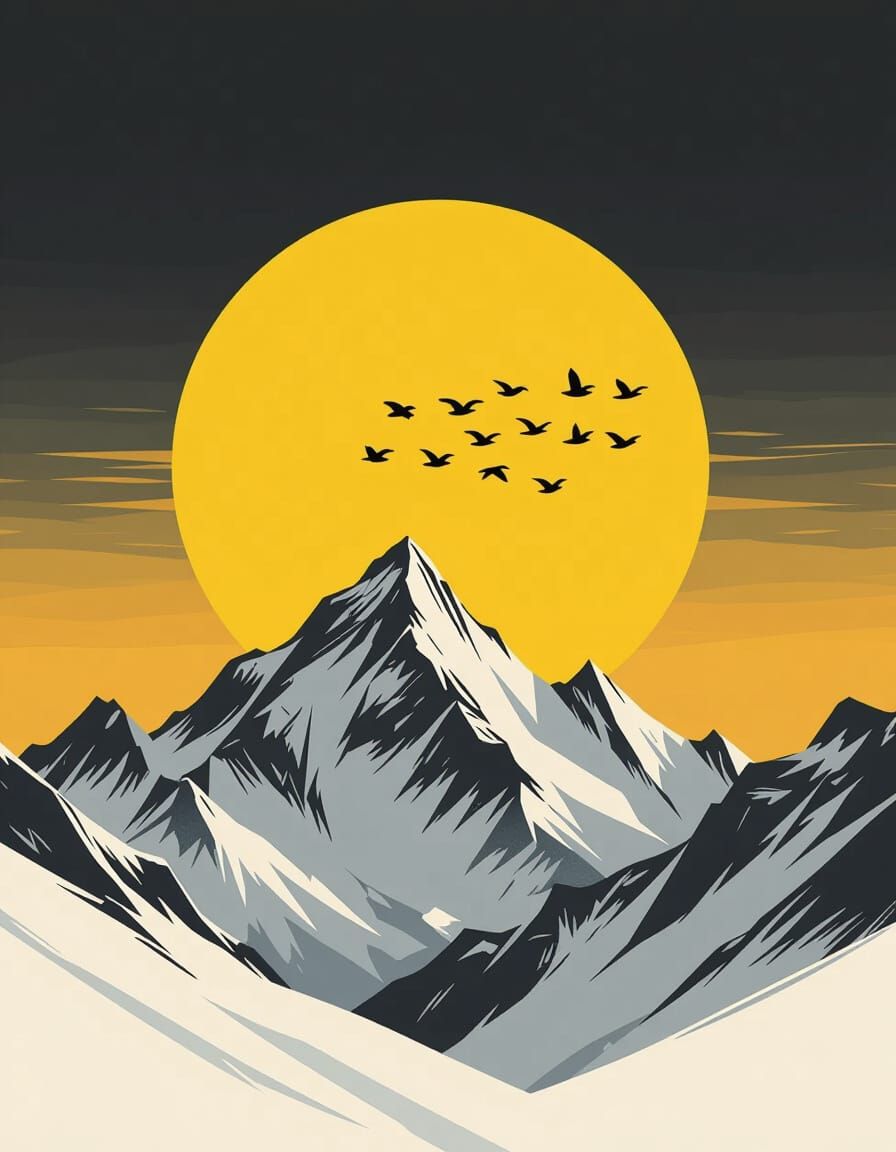 Minimalist Sun Setting Over Snow-Capped Mountains