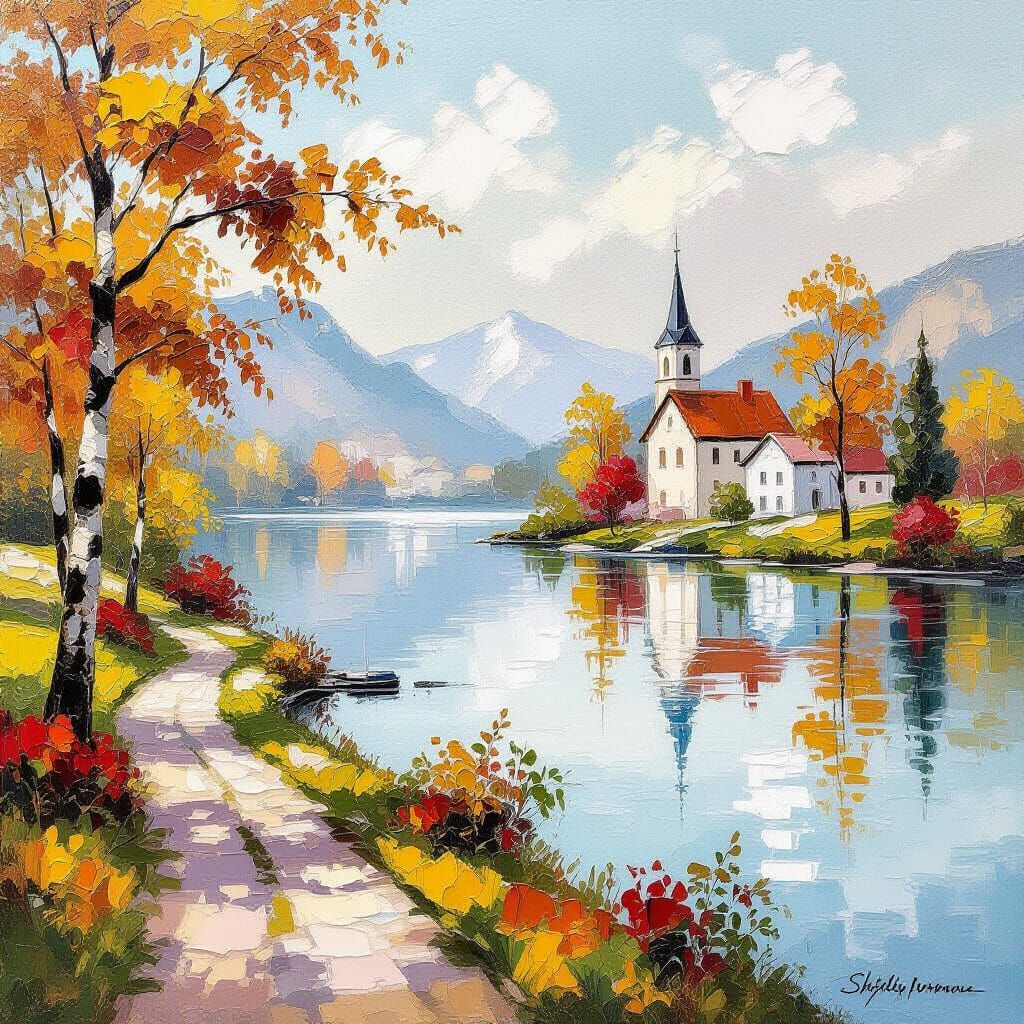 Serene Autumn Village Lake Impasto Acrylic Landscape