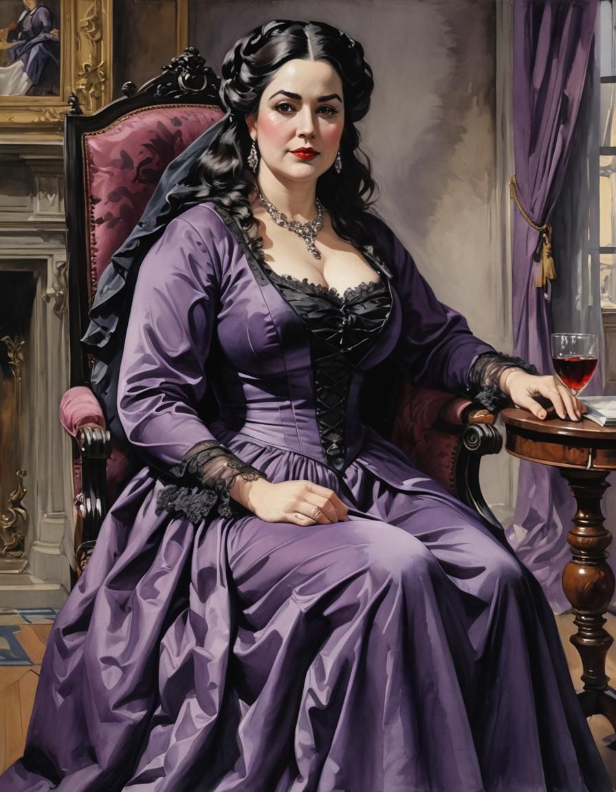 Gothic Woman in Purple Dress: Watercolor Portrait