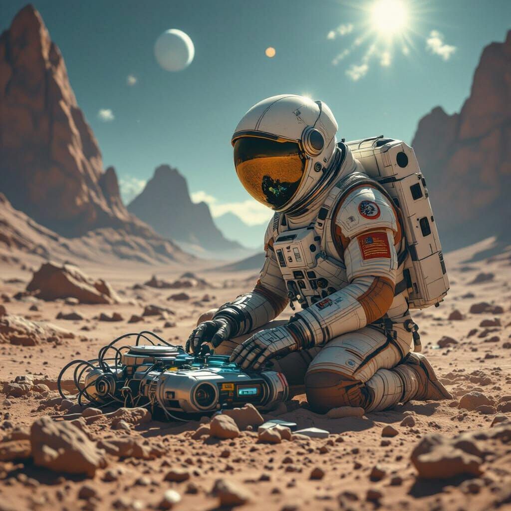 Astronaut Repairs Alien Tech on Barren Planet