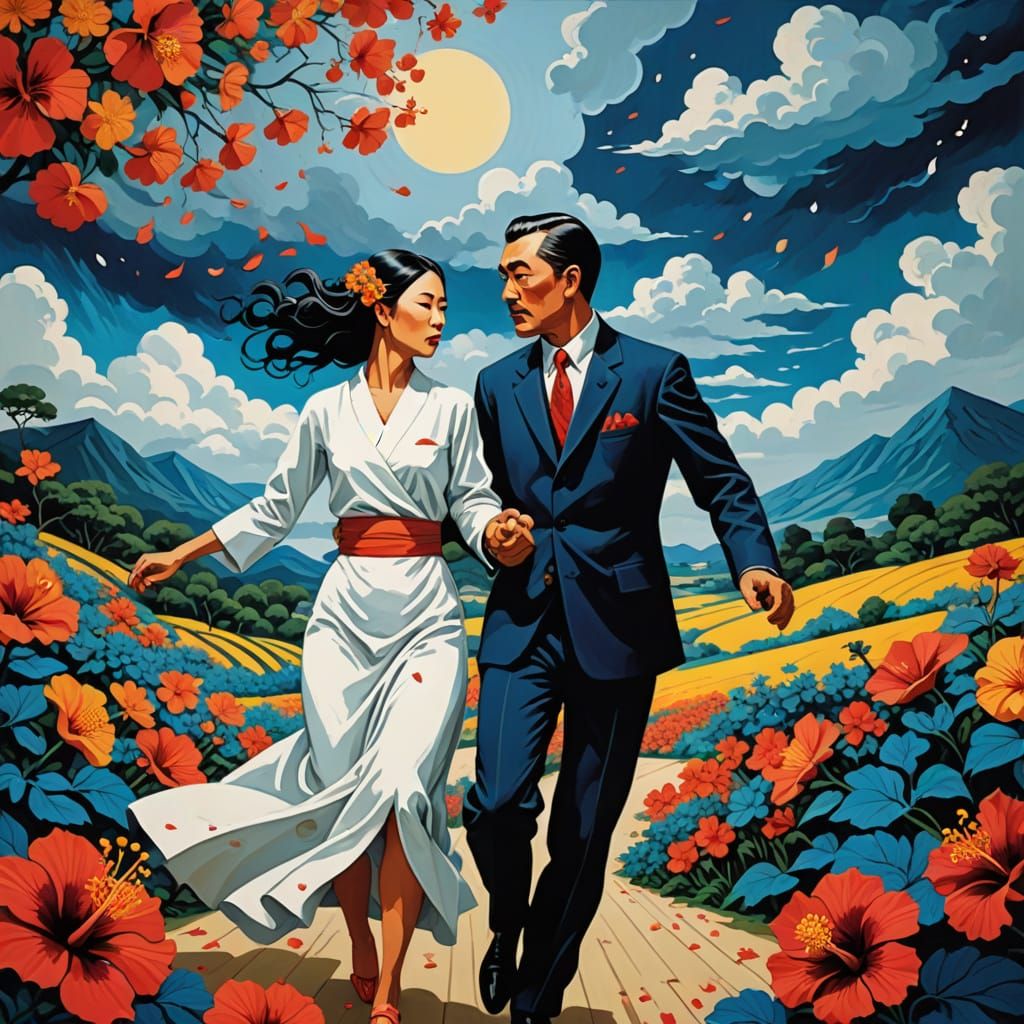 Fighting Bride and Groom in Surreal Flower Storm