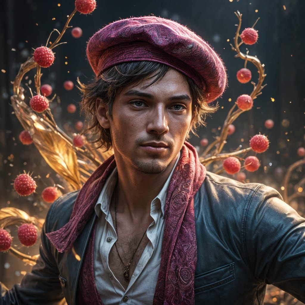 Vibrant Young Man Dancing with Raspberry Beret in Triadic Co...