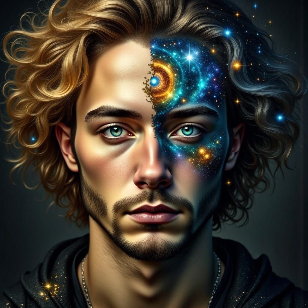 Split Portrait: Divine Light and Dark Cosmos