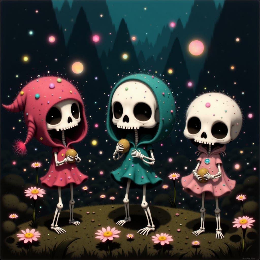 Laughing Chibi Skeletons in Moonflower Graveyard