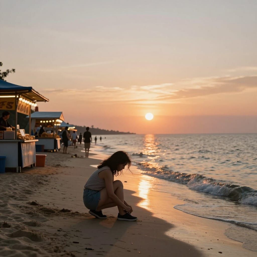 Hyperrealistic Beach Sunset with Food Stalls and Woman
