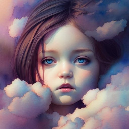 Beautiful Baby Goddess in Clouds: Digital Illustration