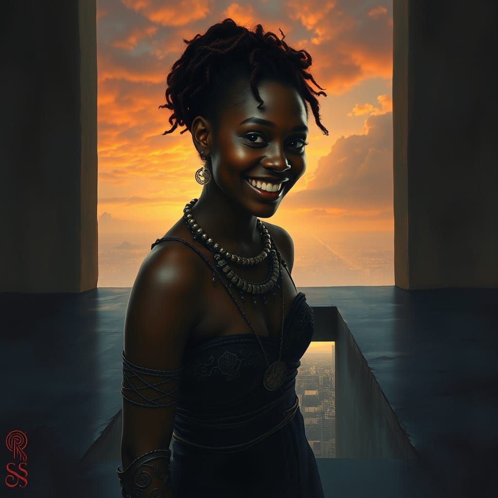 Woman Gazing at Distant Cityscape in Romanticism Style