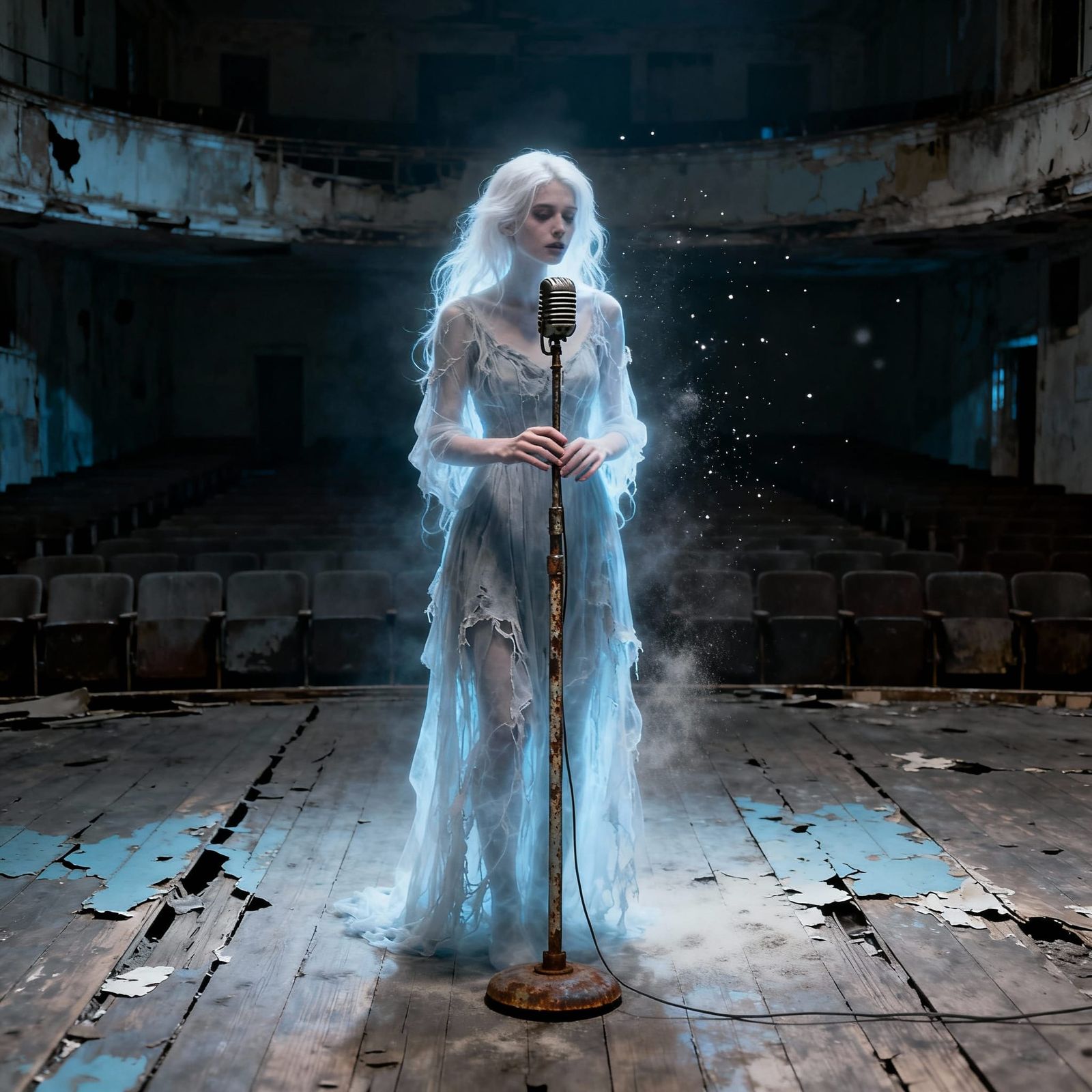 Ghostly Apparition Sings Alone on Abandoned Stage
