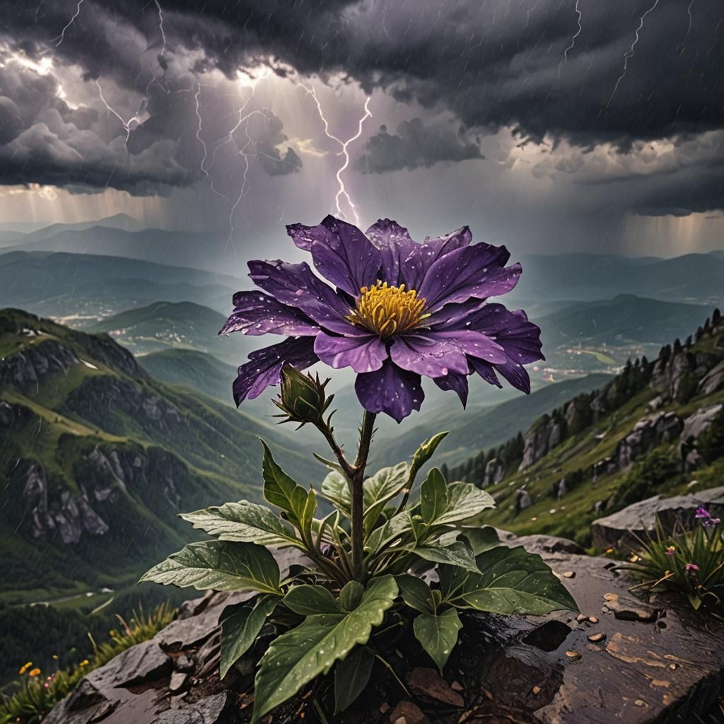 Purple Flower in Mountain Thunderstorm: Hyperrealistic HDR