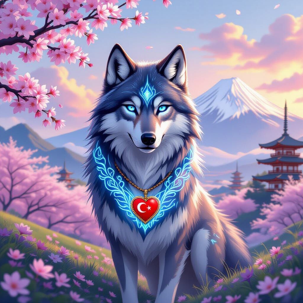 Majestic Wolf with Blue Eyes in Fantasy Spring Landscape
