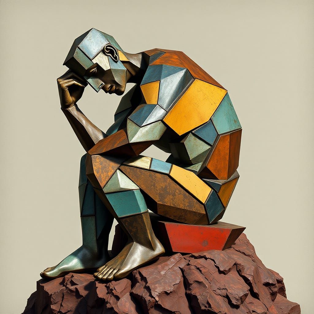Cubist Figure Contemplates Existence on Rocky Outcropping