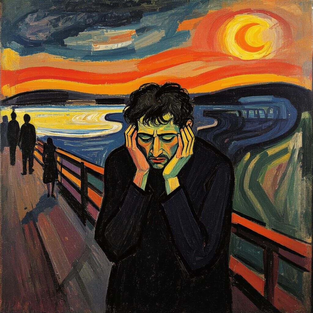 Distressed Figure in Expressionist Style Landscape