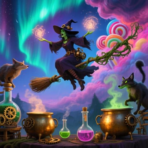 Witches Casting Spells Under Aurora Sky