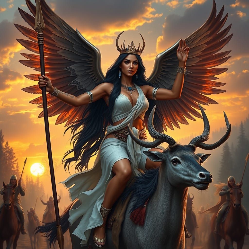 Ethereal Goddess Rides into Battle as Sunset Lights the Fant...