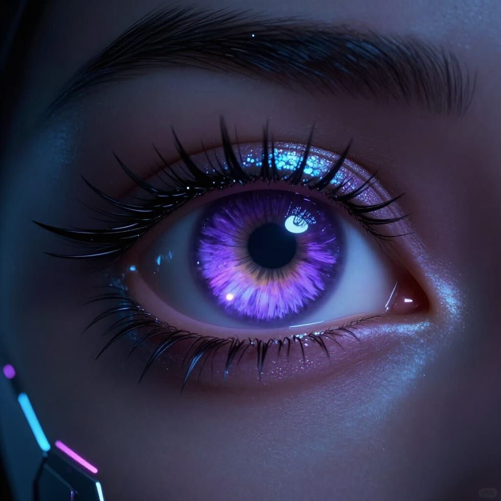 Mesmerizing Robotic Eye with Purple Iris and Glitter