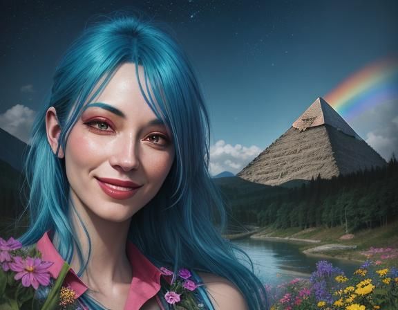 Woman with Blue Hair in Surreal Landscape