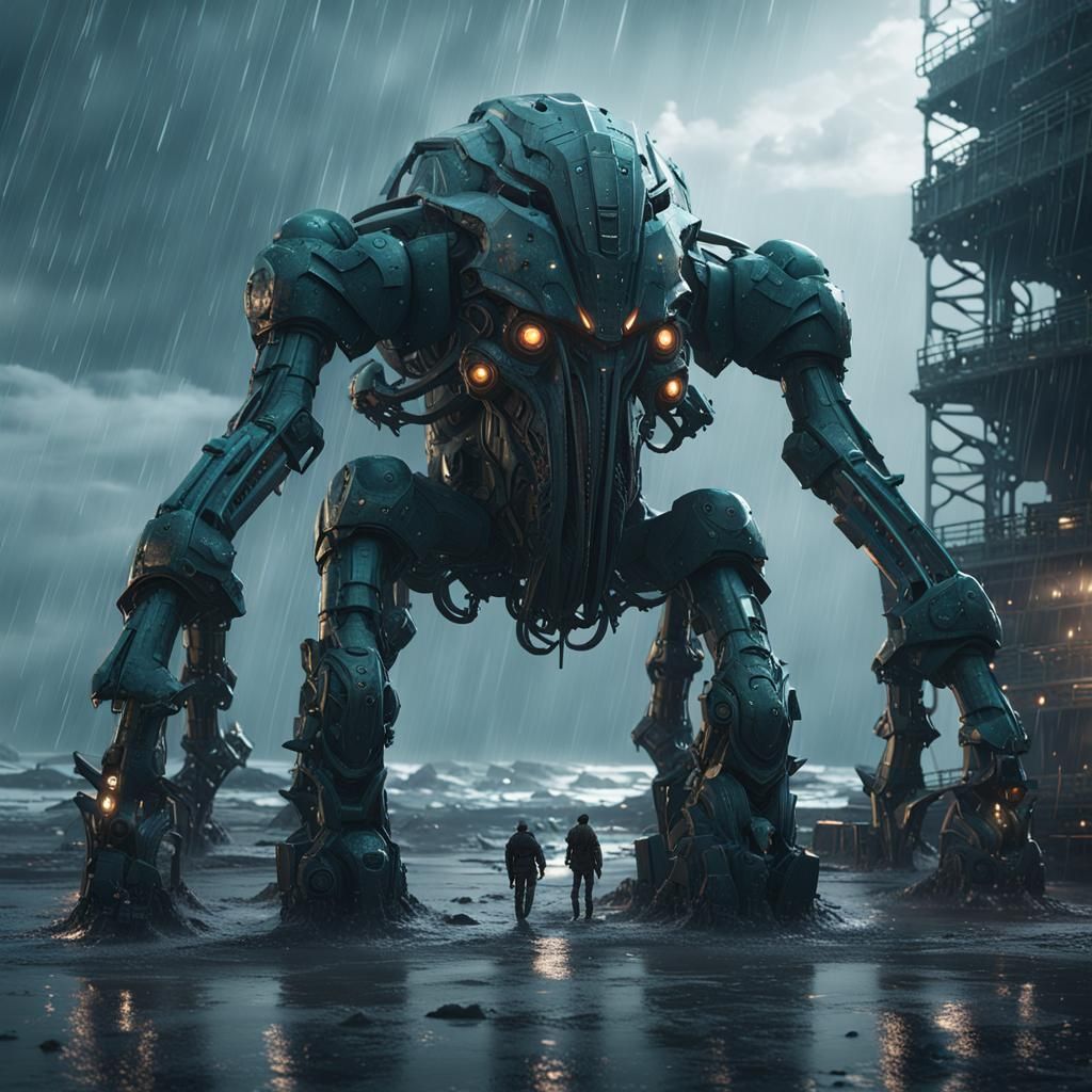 Giant Cthulhu Rises From Dark Ocean in Sci-Fi Style