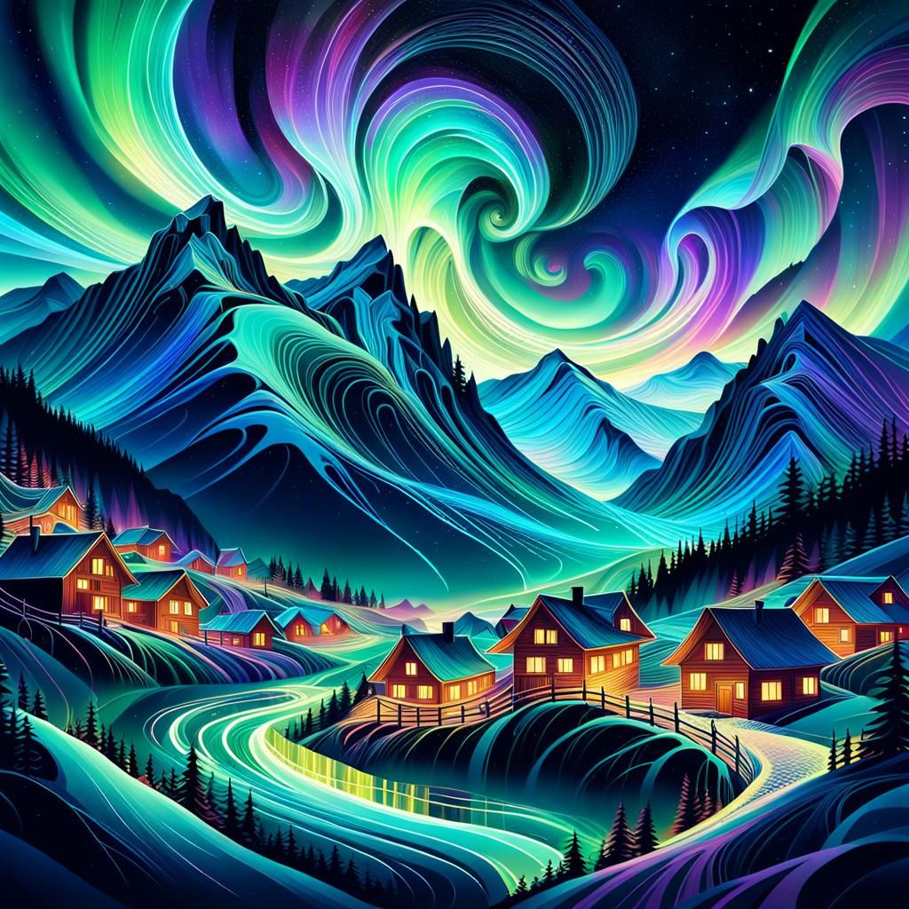 Northern Lights Over Village in Fractal Art Style
