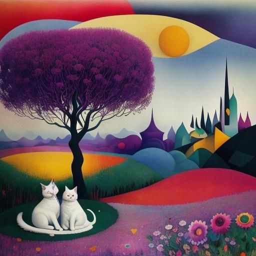 White cats in Dali scape
