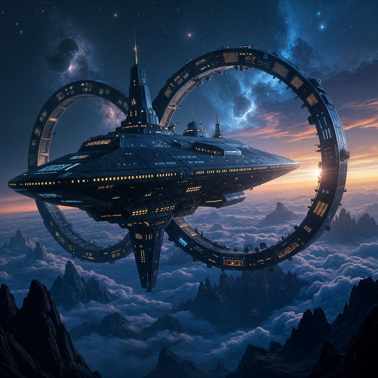 Colony Ship with Spinning Rings Traveling Through Space