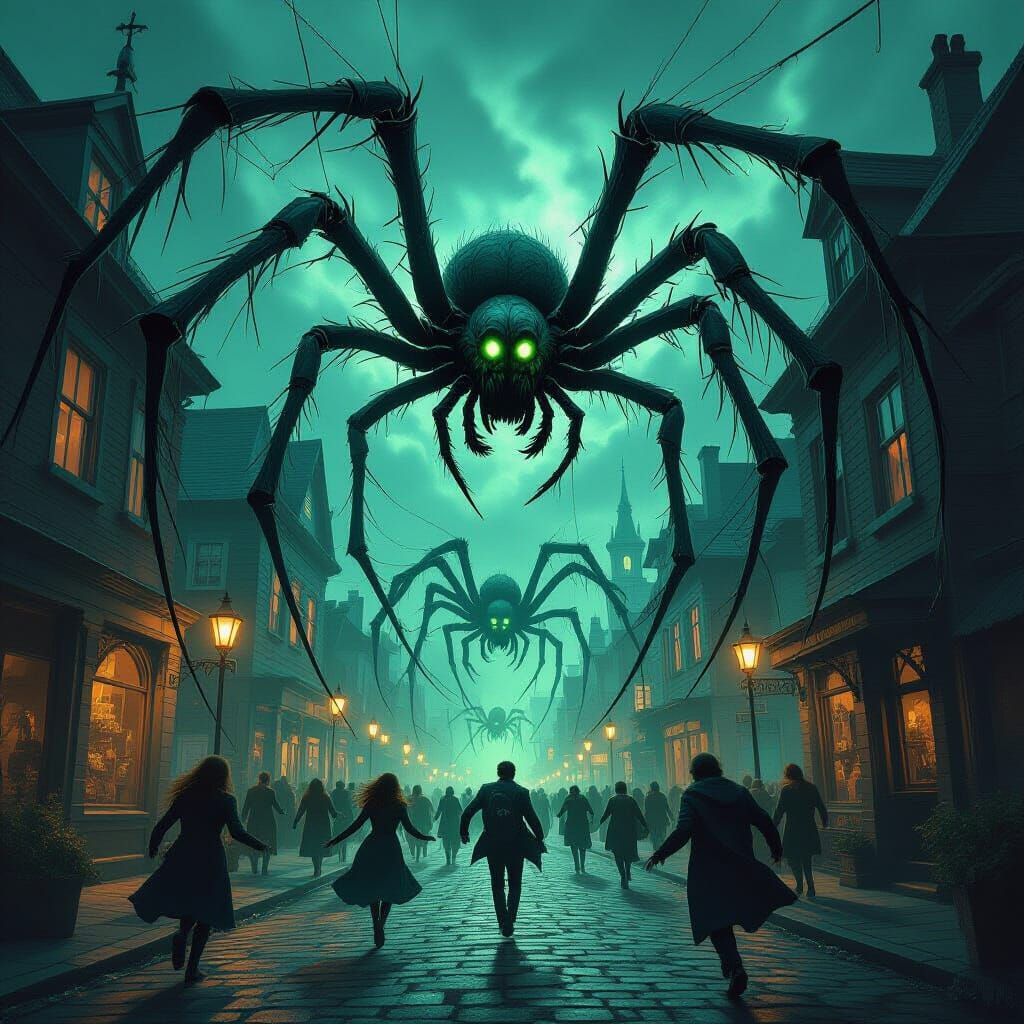 Giant Spiders Invade Town in Dark Fantasy Art