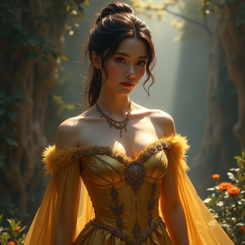 Regal Queen in Gold Gown, Fantasy Matte Painting