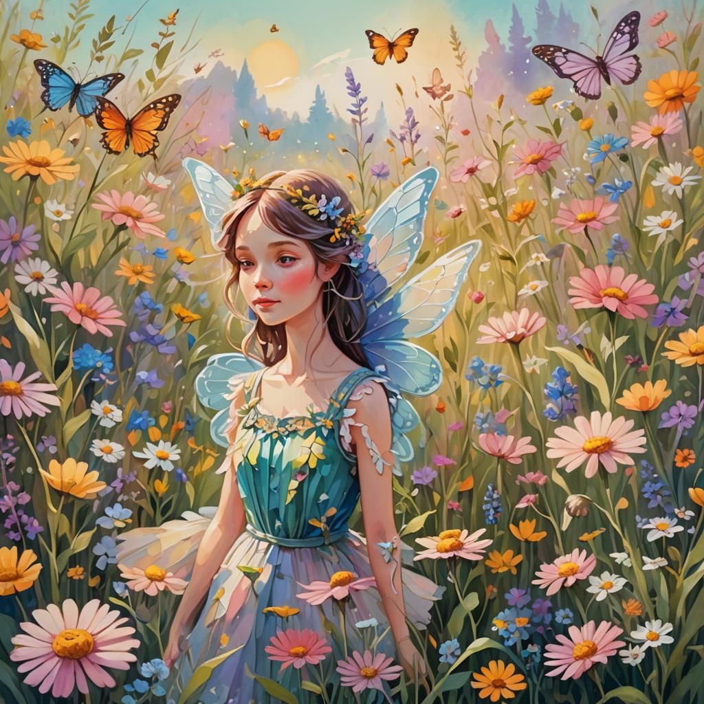 Delicate Fairy in a Flower Meadow, Gouache Illustration