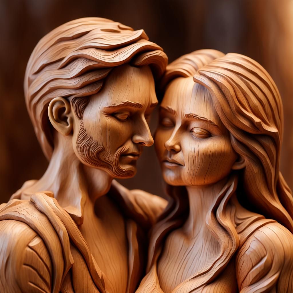 An embracing couple, carved in wood