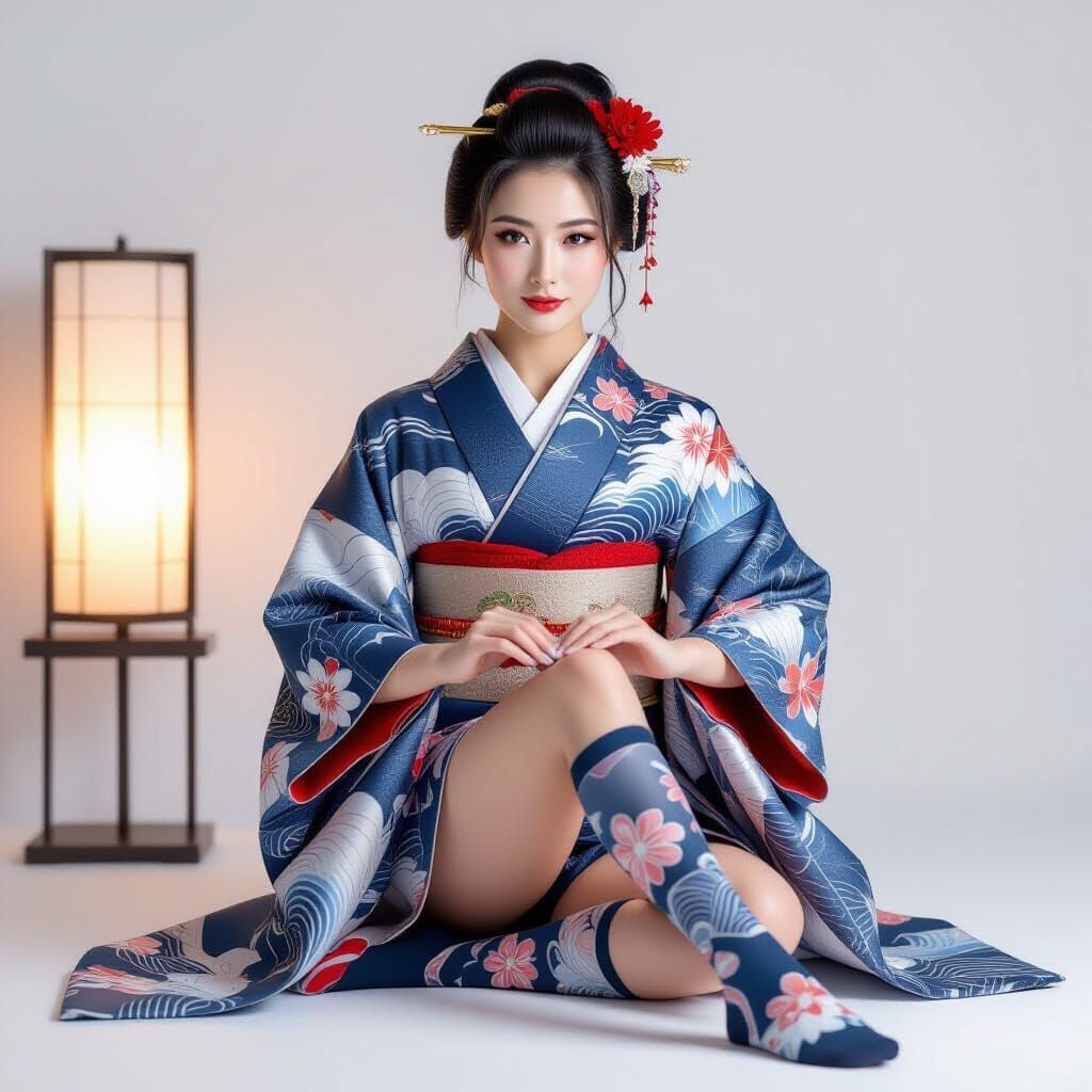 Futuristic Japanese Woman Adjusting a High-Tech Sock