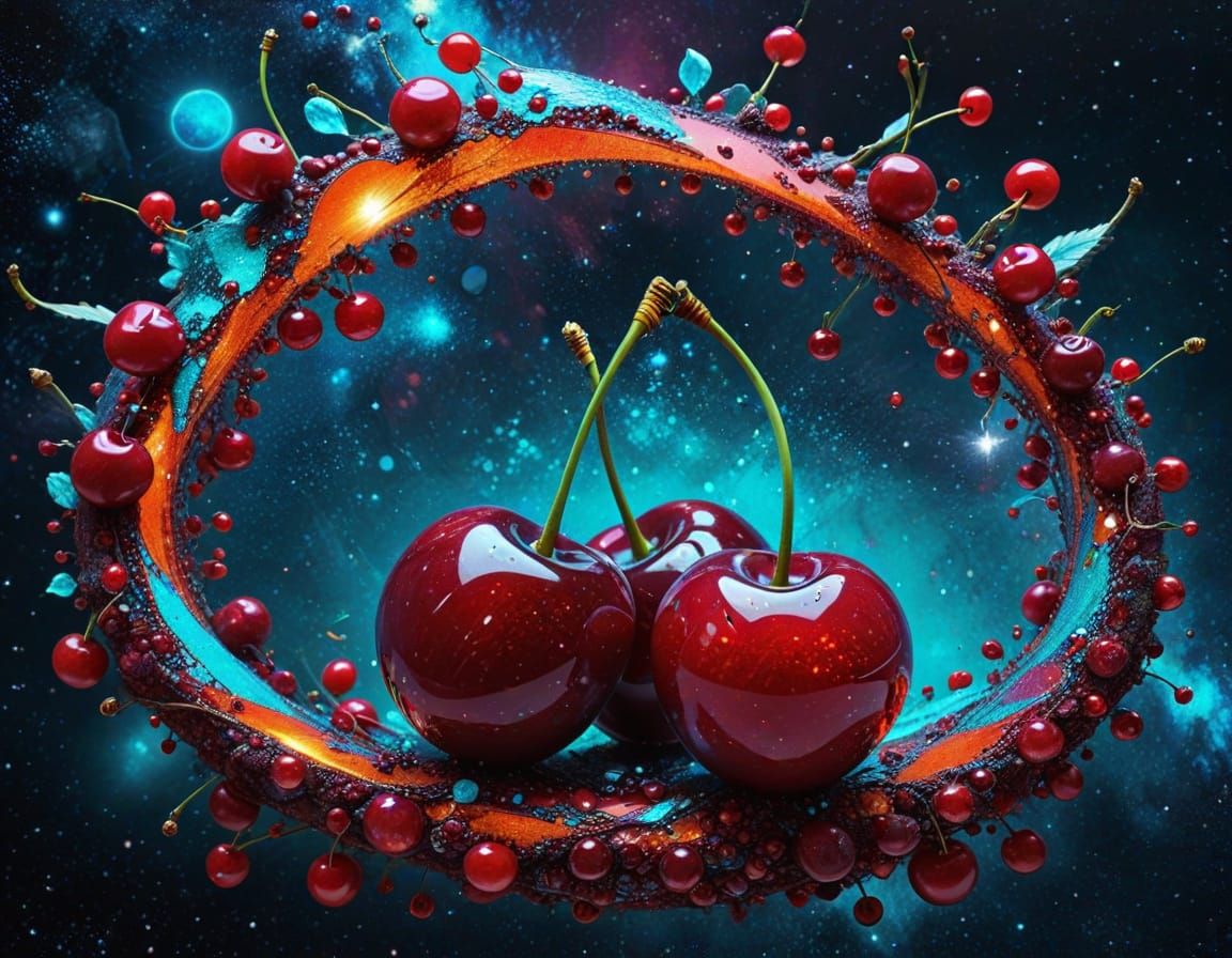 Cosmic Cherries with Cyan Stardust in Mixed Media