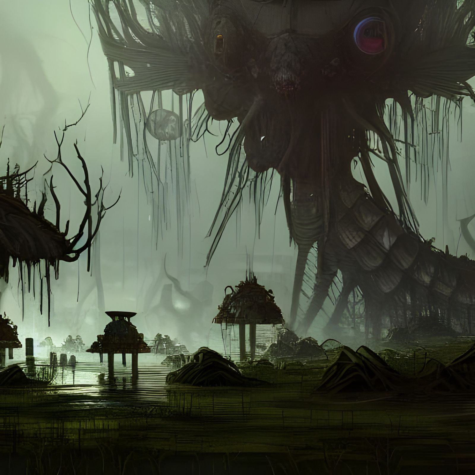 Alien Swamp Village Infested by Bacteriophage: Fantasy Art