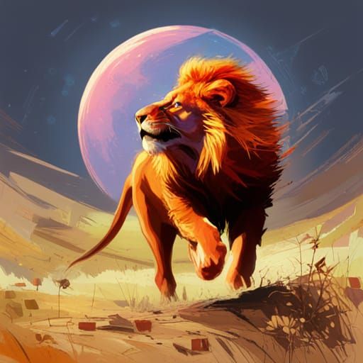Royal Lion Running Under Massive Moon, Fine Art