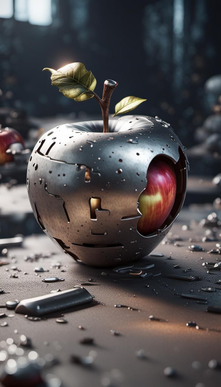 Bitten Metal Apple in 3D Game Style