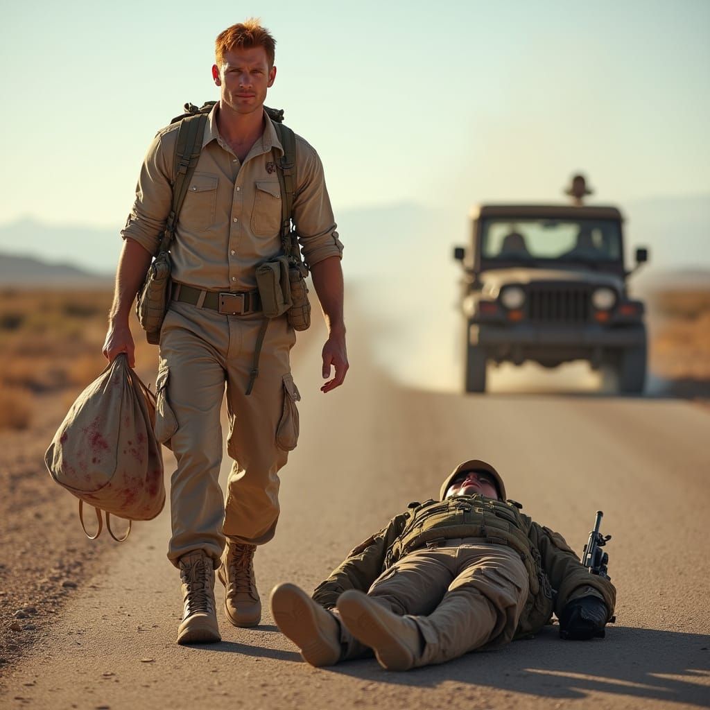 Soldier Injured on Sunbaked Road in Badlands