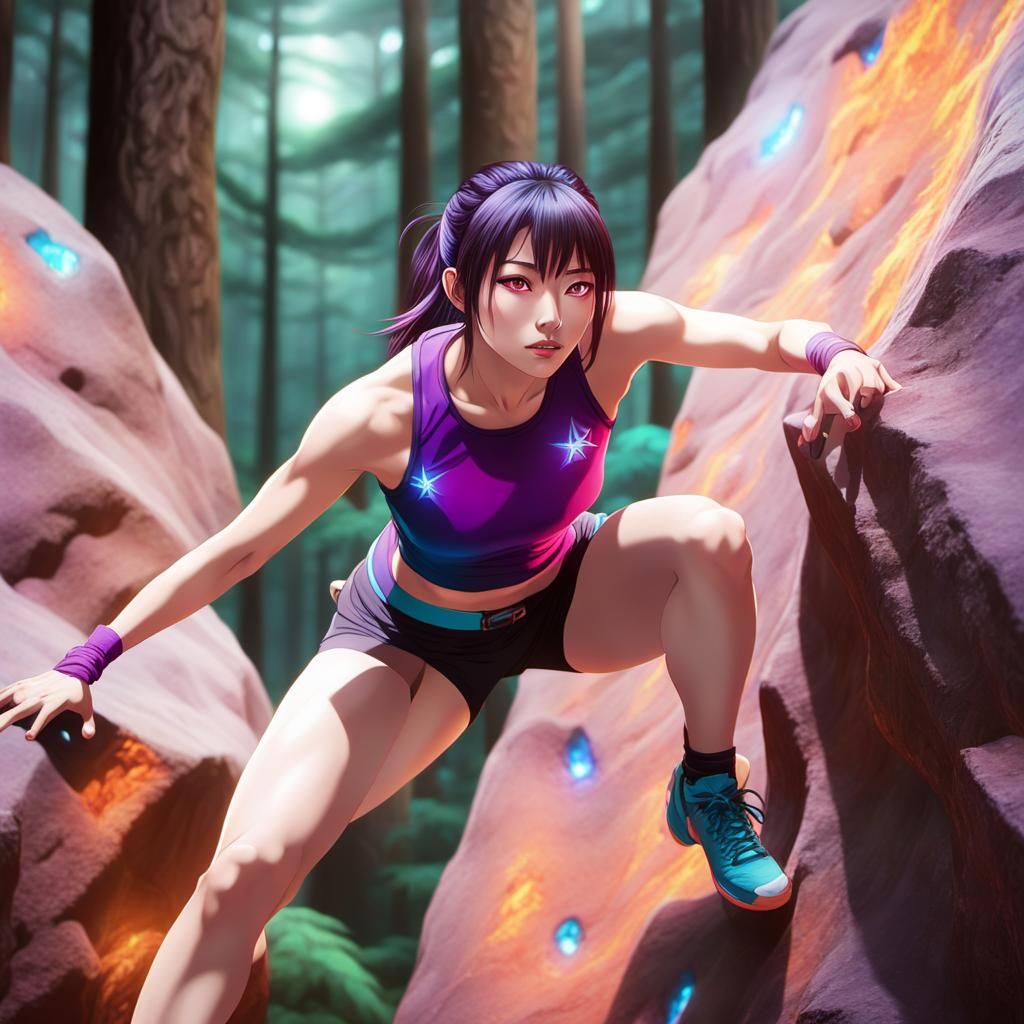 Anime Bouldering Girl in Mystical Forest