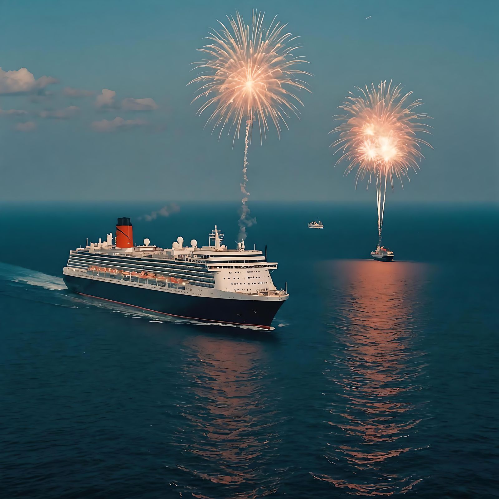 Ocean Liners at Sea with Flares and Fireworks