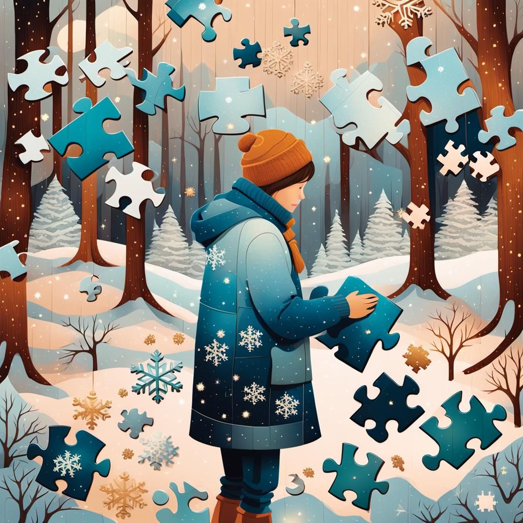 Cozy Winter Cabin Puzzle in Folk Art Style