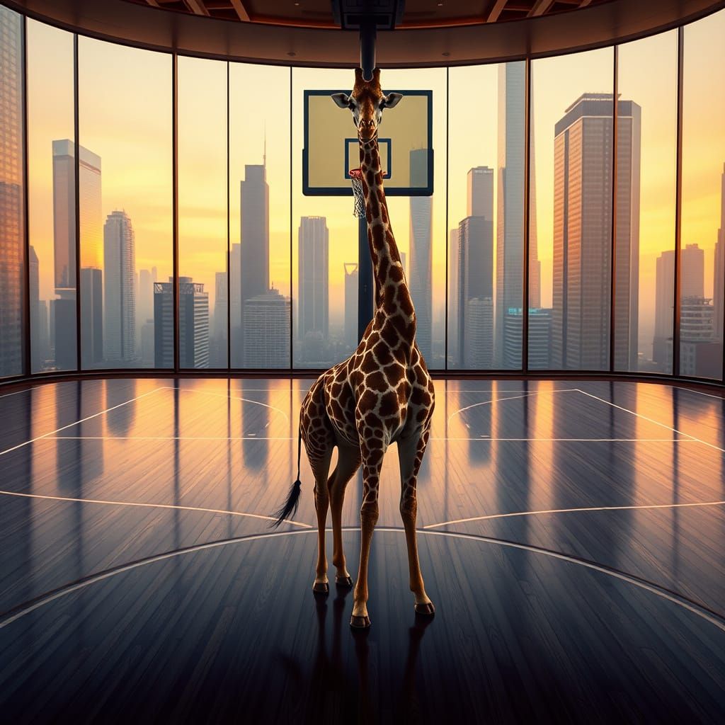 Hyper-Realistic Giraffe Dominates Futuristic Basketball Cour...