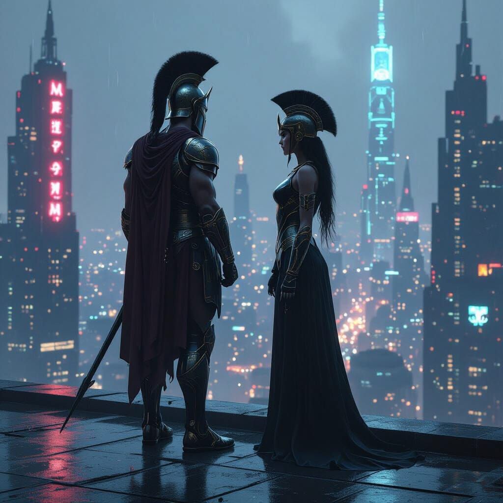Ares and Athena in Futuristic Suits on Neon Rooftop