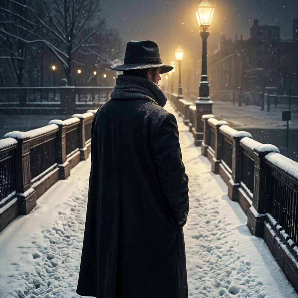 Man on Snowy Bridge in Winter Night