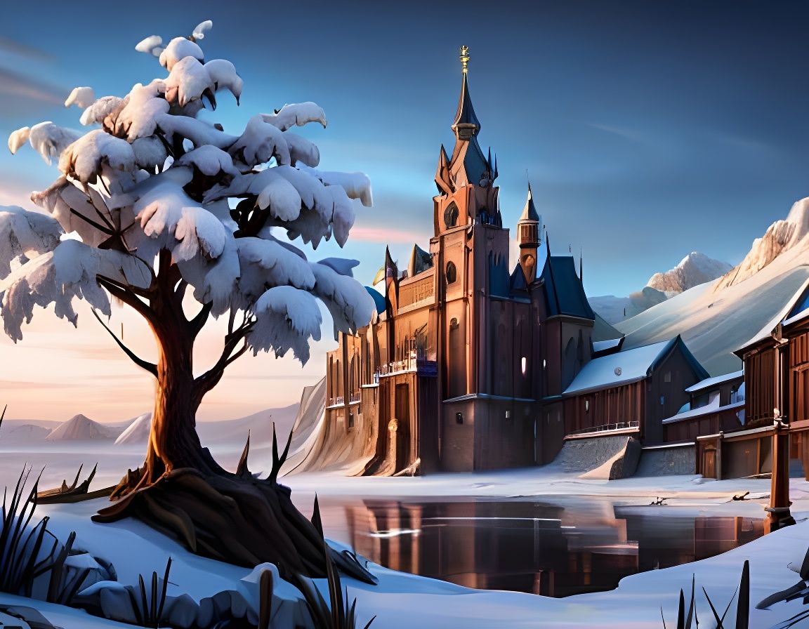 Frozen Snow Tree by River in Baroque Style