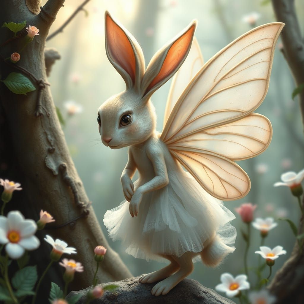 Rabbit Fairy with Delicate Wings in Whimsical Forest